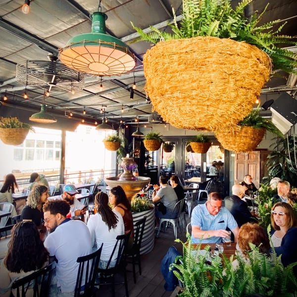 Patrons dining on Revolution House's outdoor patio, featuring hanging plants, industrial lighting, and a fountain.