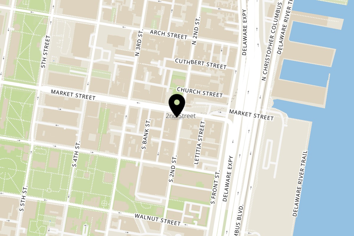 Map showing the location of Revolution House on 200 Market St in Philadelphia